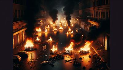 Brandende barricades op een straat in de nacht.