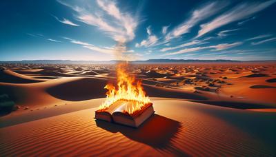 Livre en feu sur fond de paysage désertique algérien.