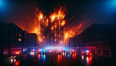 Brandend gebouw met politie aanwezig in de nacht.