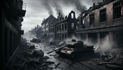 Prédios em chamas e tanques destruídos em uma cidade devastada pela guerra.