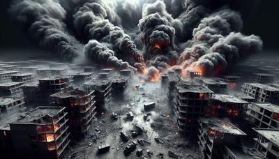 Edificios en llamas y humo en una zona de conflicto.