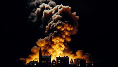 Edifici in fiamme e fumo in un cielo notturno.