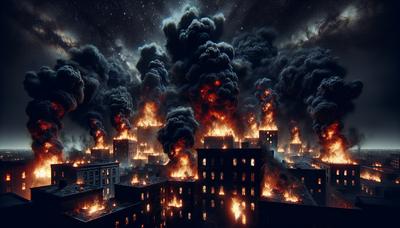 Brandende gebouwen en rook die opstijgt tegen een nachtelijke hemel.