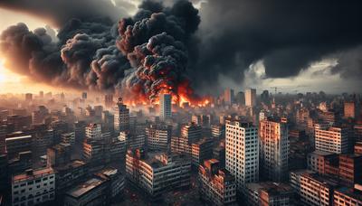 Edifici in fiamme con fumo nero nel panorama urbano del Bangladesh.