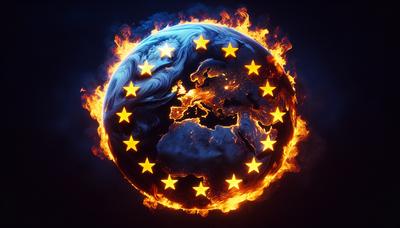 Terra in fiamme con simbolo della bandiera UE che simboleggia la minaccia climatica.