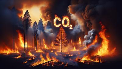 Forêt en feu avec de la fumée montante et symbole de CO2