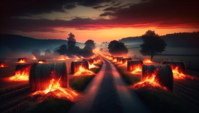 Brennende Heuballen blockieren ländliche Straße in der Abenddämmerung.