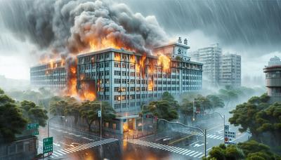 Edificio ospedaliero in fiamme durante un forte tifone a Taiwan.