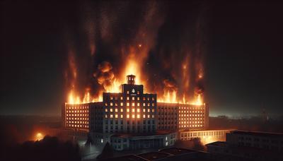 Hôpital en feu englouti par les flammes lors d'une attaque nocturne.