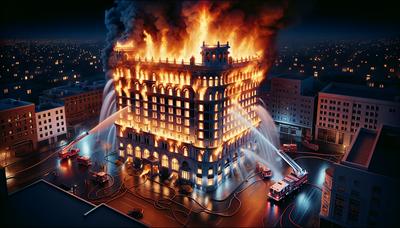 Hotel in fiamme con pompieri che spengono le fiamme.