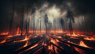 Paesaggio in fiamme con alberi bruciati e cielo pieno di fumo.