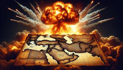 "Mapa em chamas do Oriente Médio com fundo de explosão"