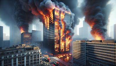 Edificio de oficinas en llamas con humo y camiones de bomberos.