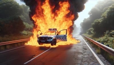 Véhicule de police en feu avec le capot ouvert sur le bord de la route.