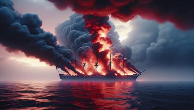 'Nave in fiamme nel Mar Rosso sotto un cielo fumoso.'