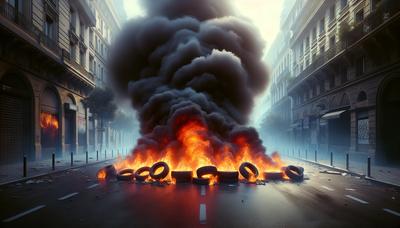 Pneus en feu dans la rue au milieu de nuages de gaz lacrymogène.