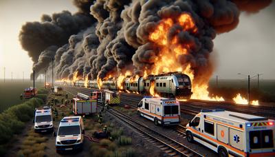Trem em chamas com fumaça e equipes de resposta a emergências.