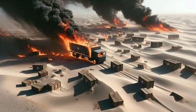 Camions en feu dans un désert avec des caisses d'aide.