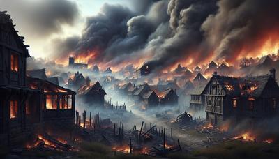 Village en feu avec un ciel rempli de fumée et des bâtiments détruits.