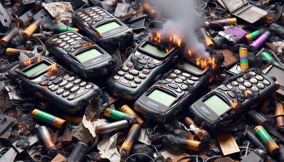 Pagers queimados com baterias de lítio fumegantes nos destroços.