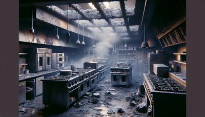 Verbrande restaurantkeuken met verkoolde apparatuur en rook