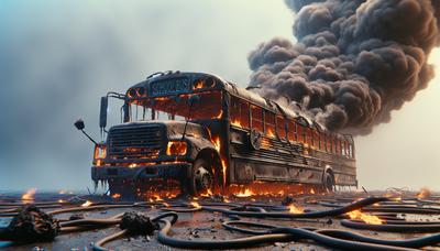 Bus scolaire brûlé avec de la fumée et des débris carbonisés.