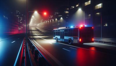 Autobus di notte con le luci lampeggianti della polizia.