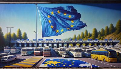 Busse an der Grenze mit EU-Flagge und Karte