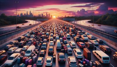 Autostrada trafficata con automobili e valigie contro il tramonto