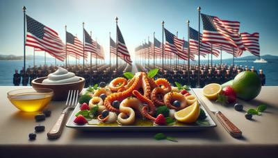 Calamari-Gericht mit amerikanischen Flaggen im Hintergrund