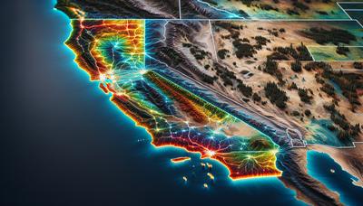 Mapa de banda larga da Califórnia destacando comunidades carentes.