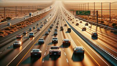 Autostrada della California con cartelli di limite di velocità e automobili.