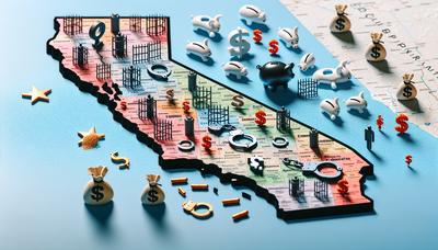 Kaart van Californië met gemarkeerde misdaad- en economie-iconen