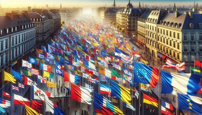 Bannières de campagne et drapeaux dans un paysage électoral dynamique.