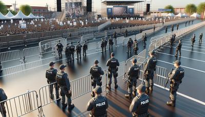 Barreiras de segurança e presença policial em evento de campanha.