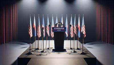 Escenario de evento de campaña con banderas y micrófonos.