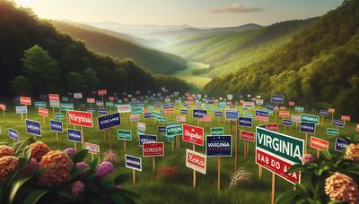 Carteles de campaña en el paisaje verde de Virginia