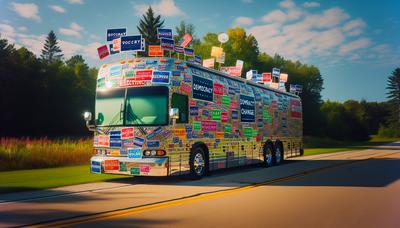 Bus de tournée de campagne dans le Michigan avec des affiches électorales.