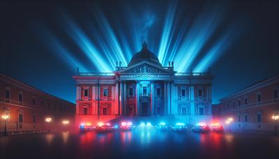 Edificio del Campidoglio cielo notturno luci lampeggianti della polizia.