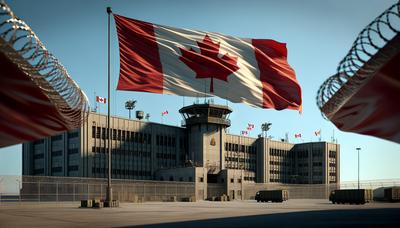 Bandeira canadense tremulando sobre um quartel-general militar.