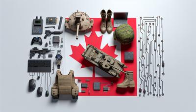 Kanadische Fahne mit Militärausrüstung und Technologie-Icons.