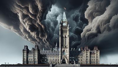 Canadees parlementsgebouw met donkere stormachtige wolken erboven.