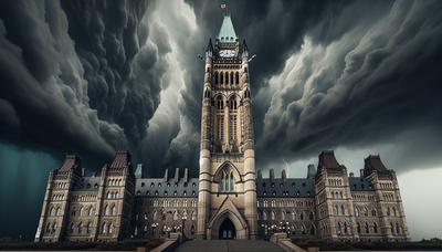 Canadees parlementsgebouw met dreigende luchten erboven.