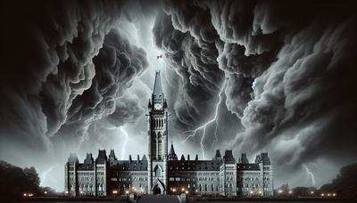 Edificio del Parlamento canadese con sfondo di cielo tempestoso.