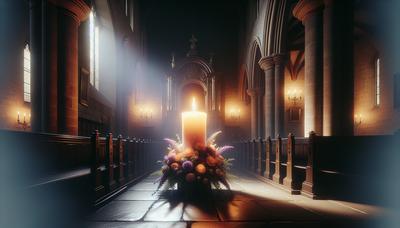 Vigilia a la luz de las velas en la iglesia con flores conmemorativas.