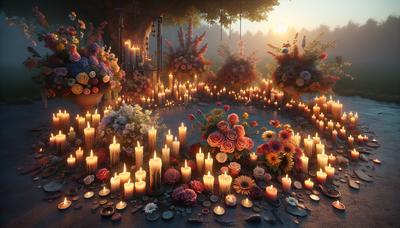 Velas y flores en un sitio conmemorativo.