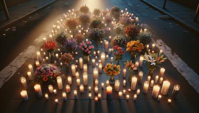 Kerzen und Blumen auf einer Straße zum Gedenken.