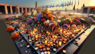 Kaarsen bloemen vlaggen bij gedenkplaats in Israël.