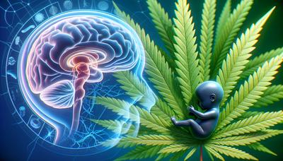 Foglia di cannabis con silhouette del feto e diagramma del cervello.