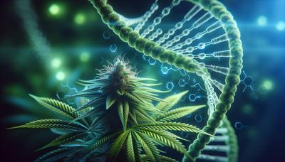 Planta de cannabis com hélice de DNA ao fundo.